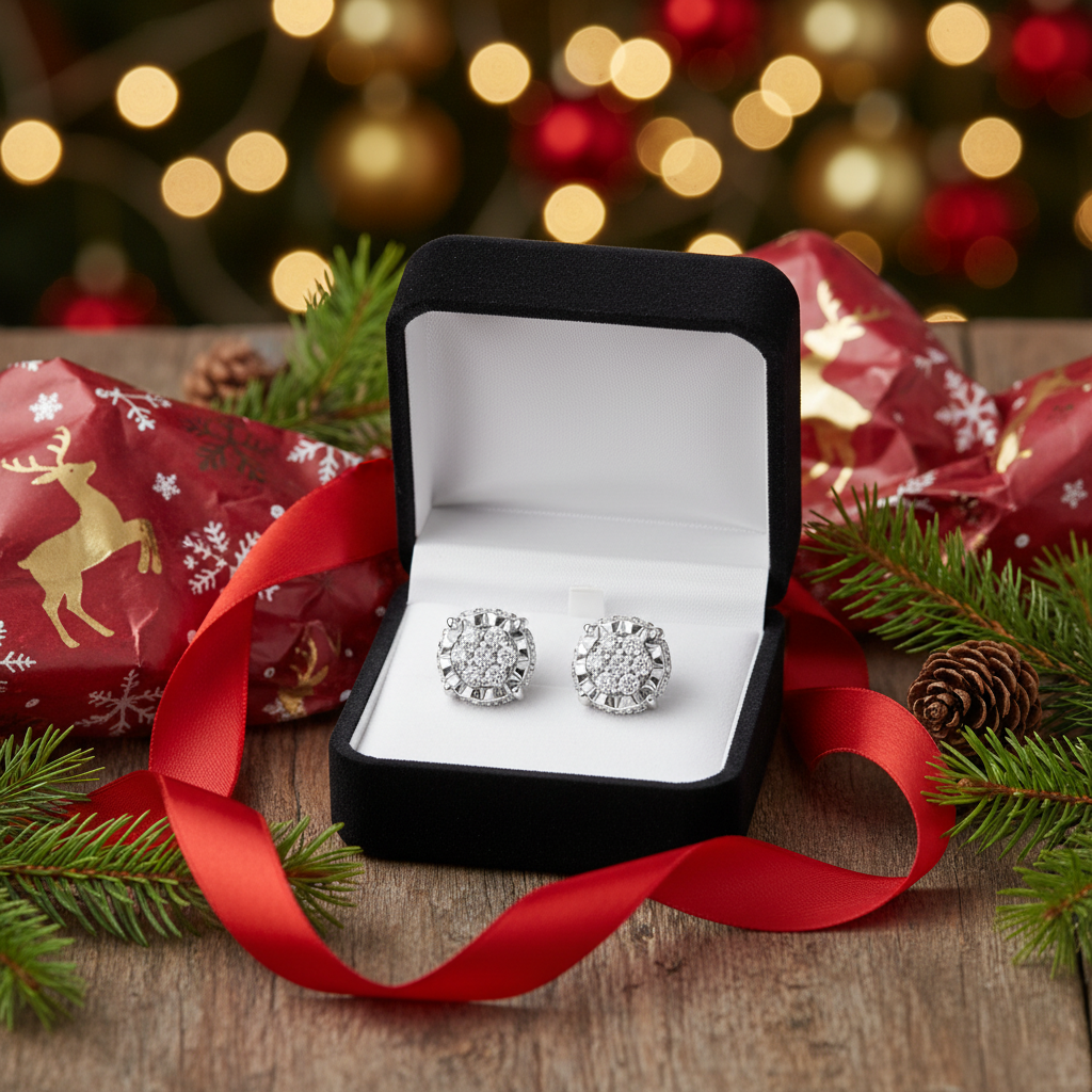 Diamond floral stud earrings in black velvet gift box with red ribbon, pine branches, and Christmas decor
