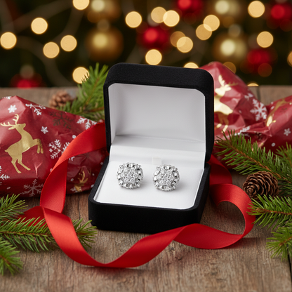 Diamond floral stud earrings in black velvet gift box with red ribbon, pine branches, and Christmas decor