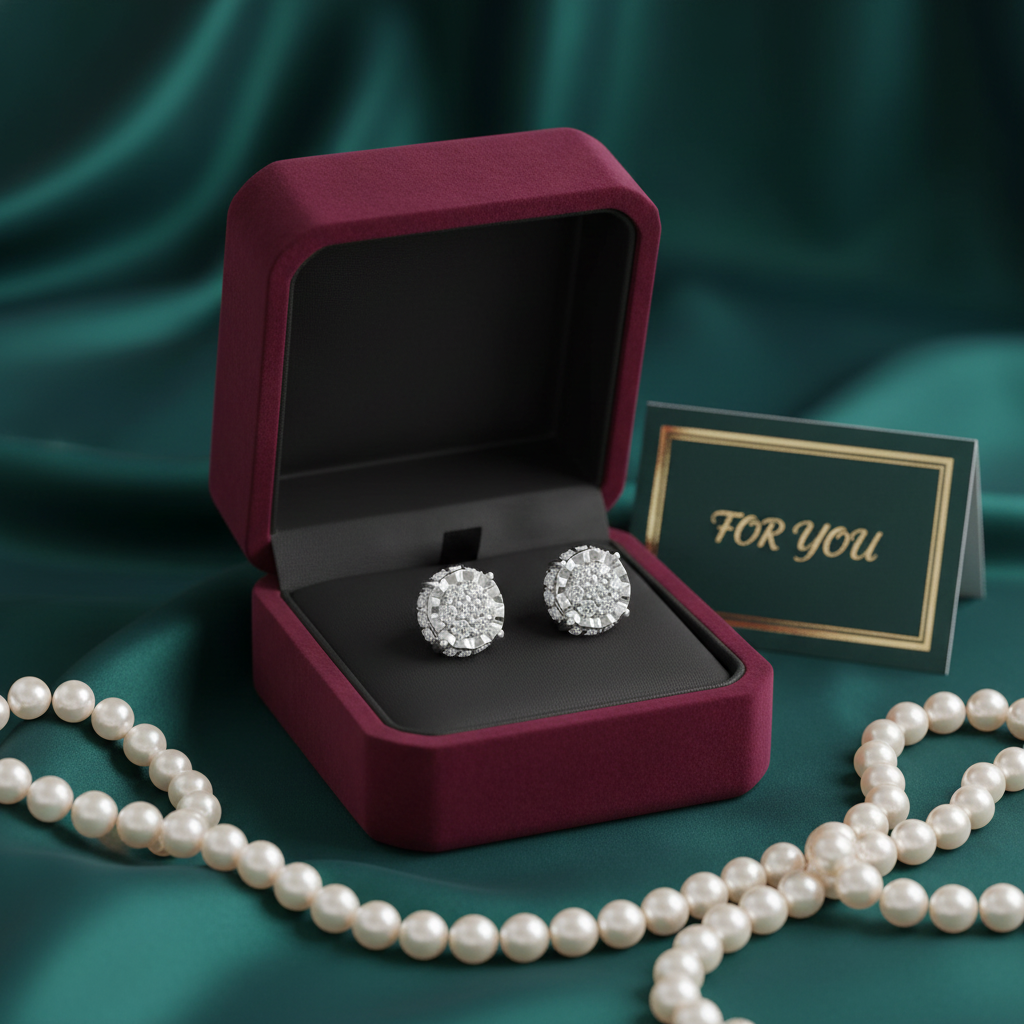 Diamond floral stud earrings in a burgundy gift box with pearl necklace and green 'For You' card