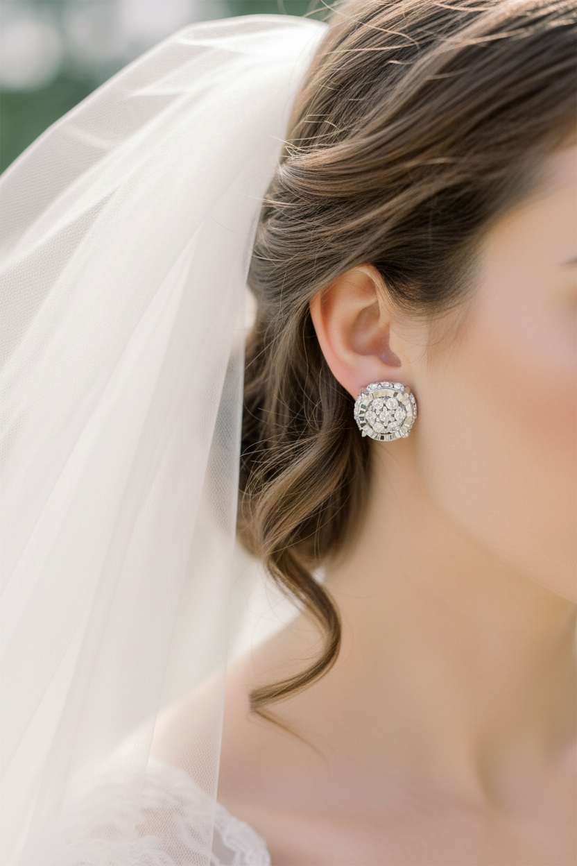 Close-up of bride wearing floral diamond stud earrings and white bridal veil with soft curls
