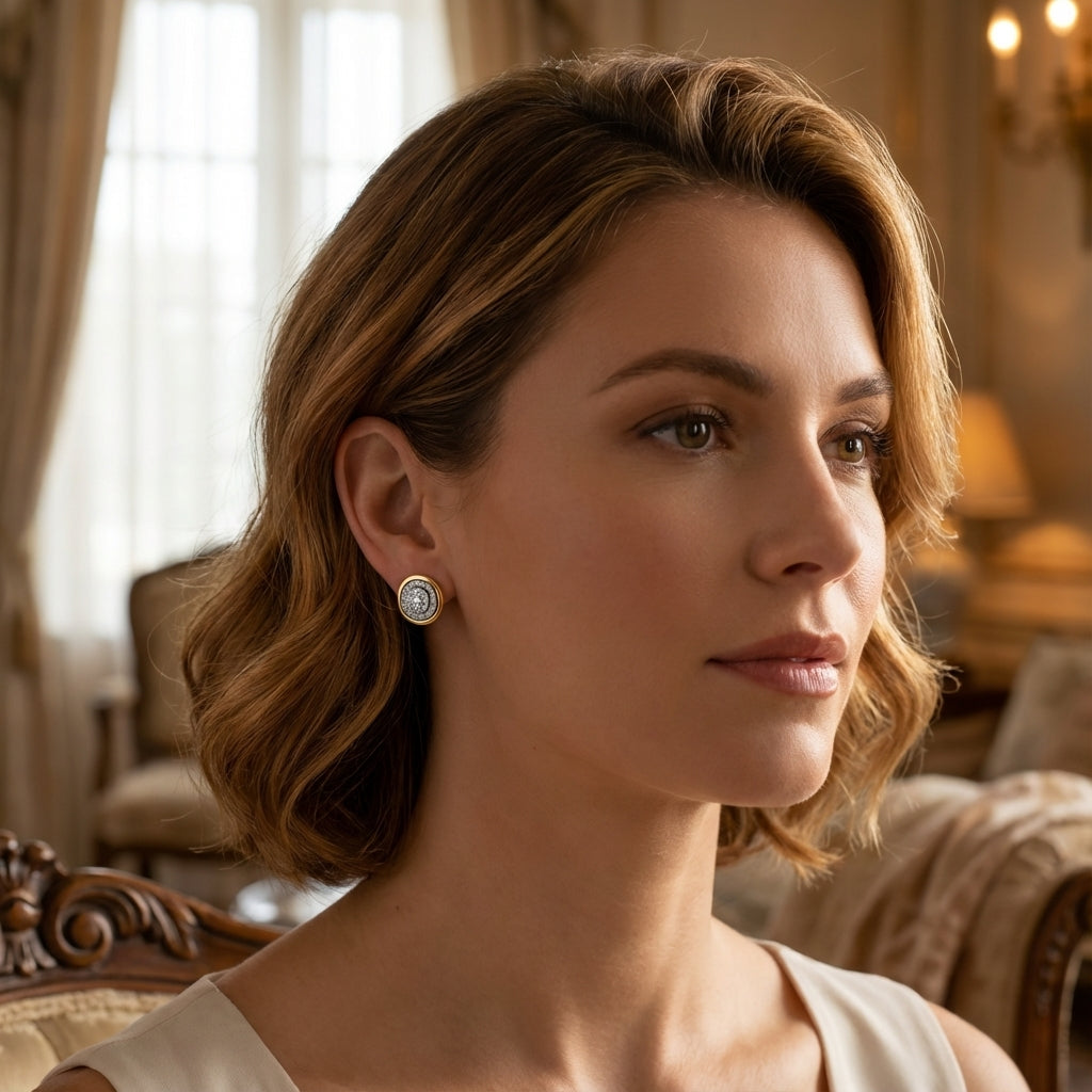 Woman wearing gold and diamond stud earrings in an elegant vintage room, showcasing luxury jewelry