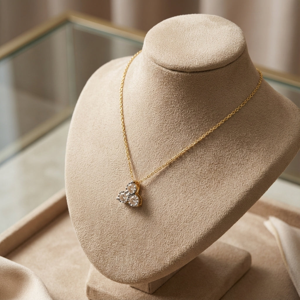 Gold chain necklace with a three-circle diamond pendant displayed on a beige velvet jewelry bust