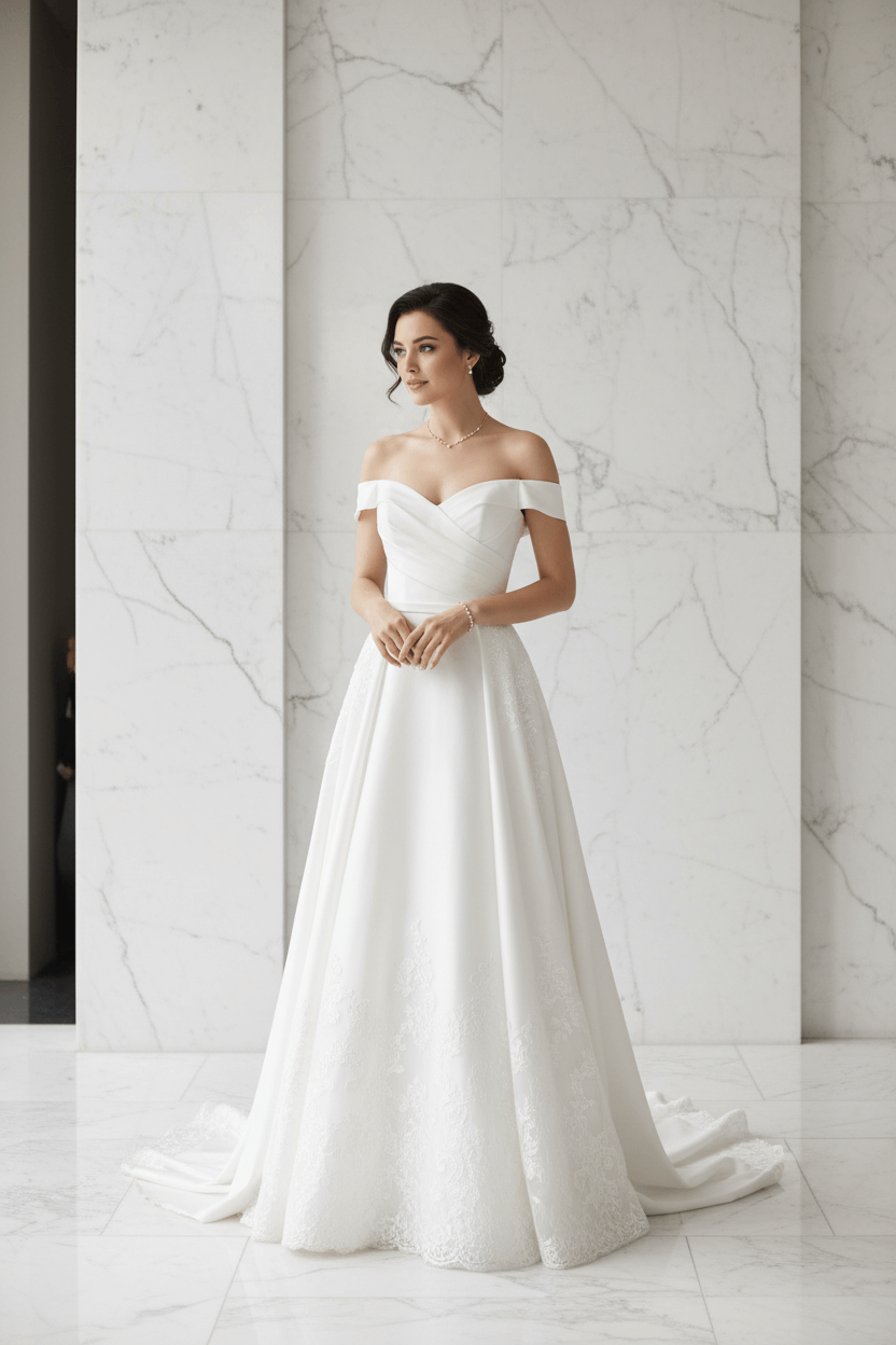 Elegant bride in off-shoulder white wedding dress with pearl jewelry, standing in marble interior