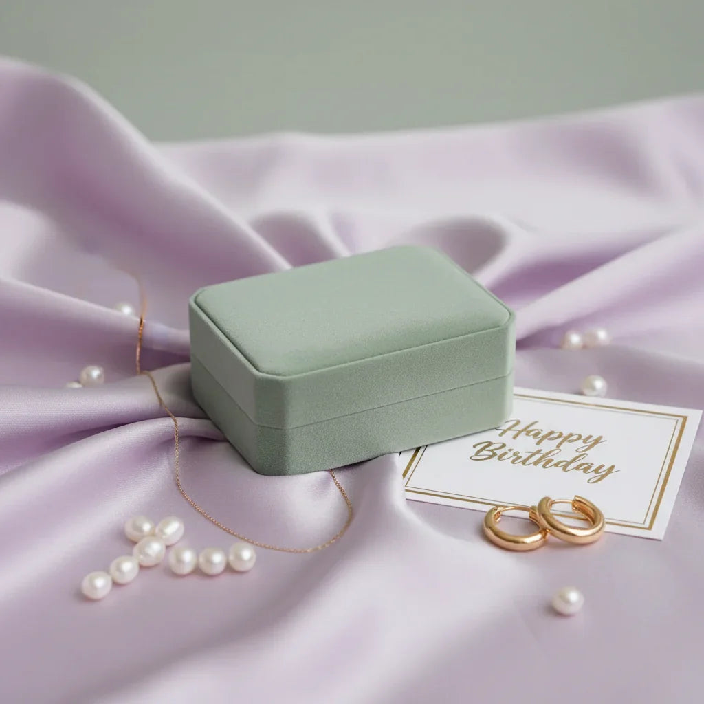 Gold huggie earrings in elegant green velvet gift box on lavender satin with pearls and Happy Birthday card