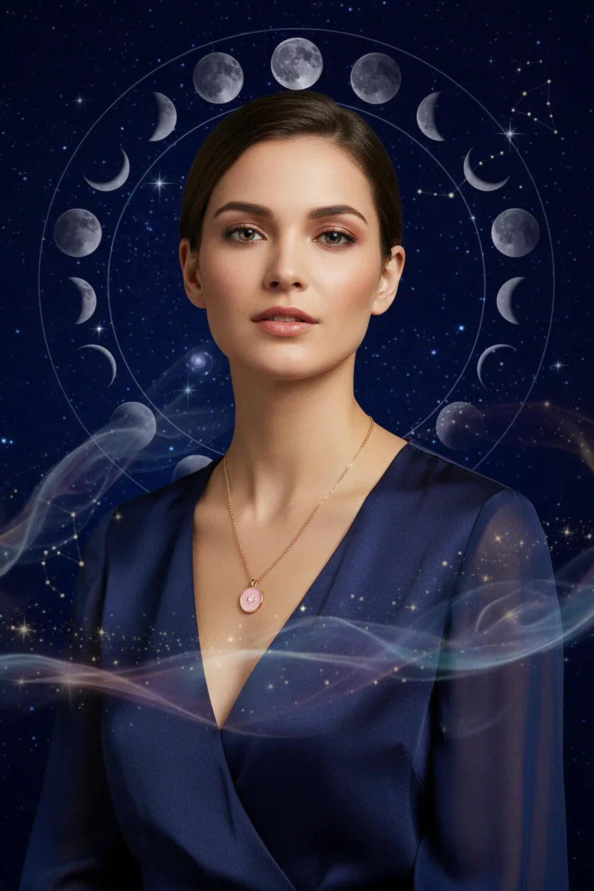 Woman in navy dress wearing gold moon phase necklace with starry night and lunar cycle background