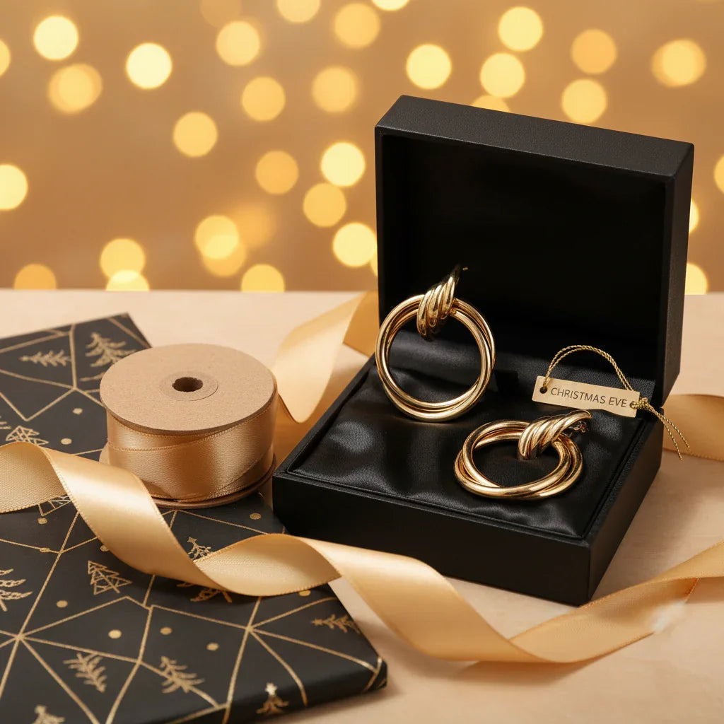 Gold statement earrings in black gift box labeled Christmas Eve with gold ribbon and festive wrapping