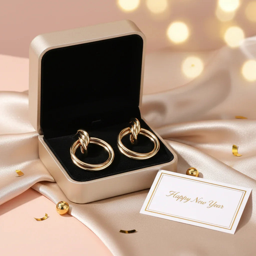 Gold statement earrings in luxury gift box with Happy New Year card on satin fabric