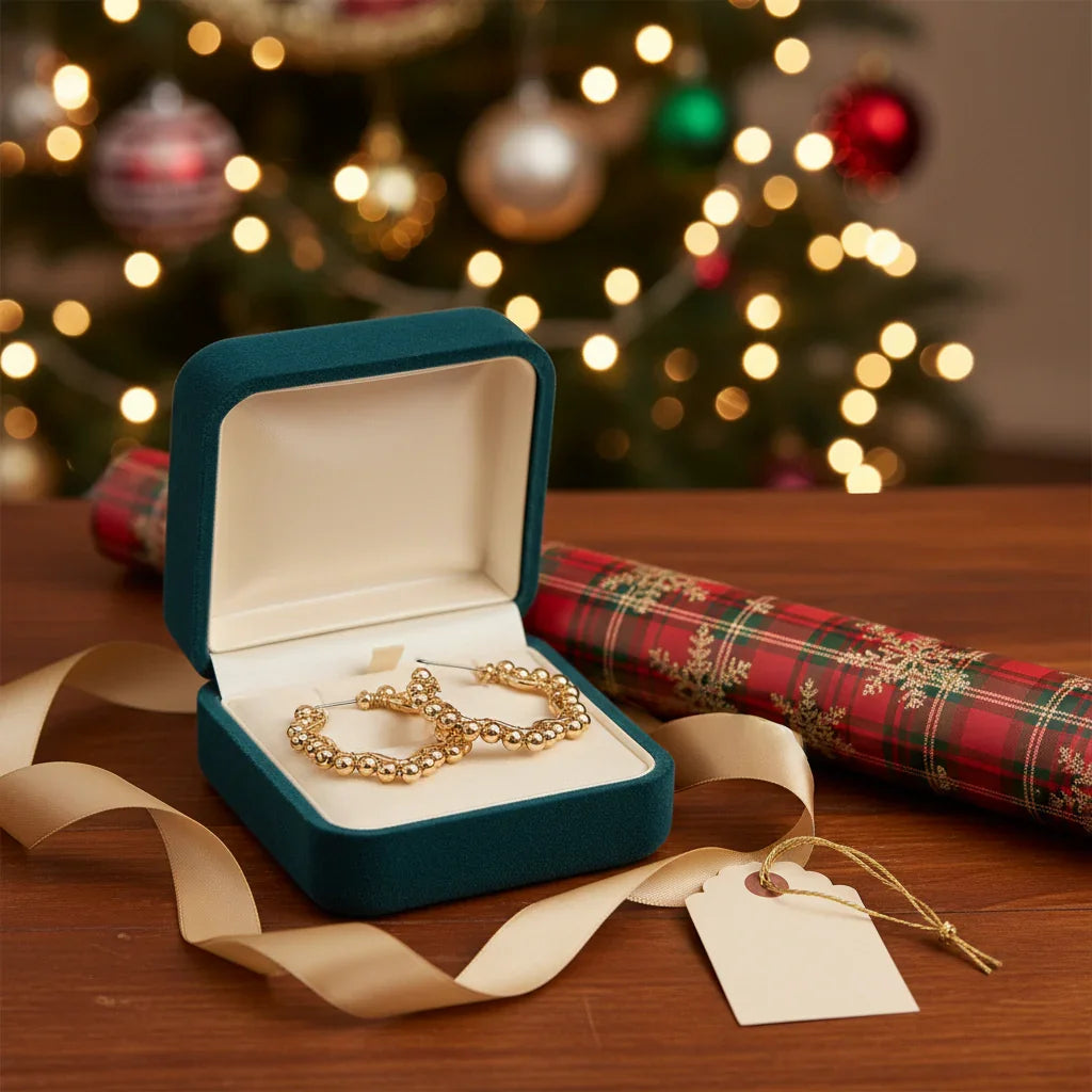 Gold textured hoop earrings in teal velvet gift box with holiday ribbon and gift wrap on wooden table