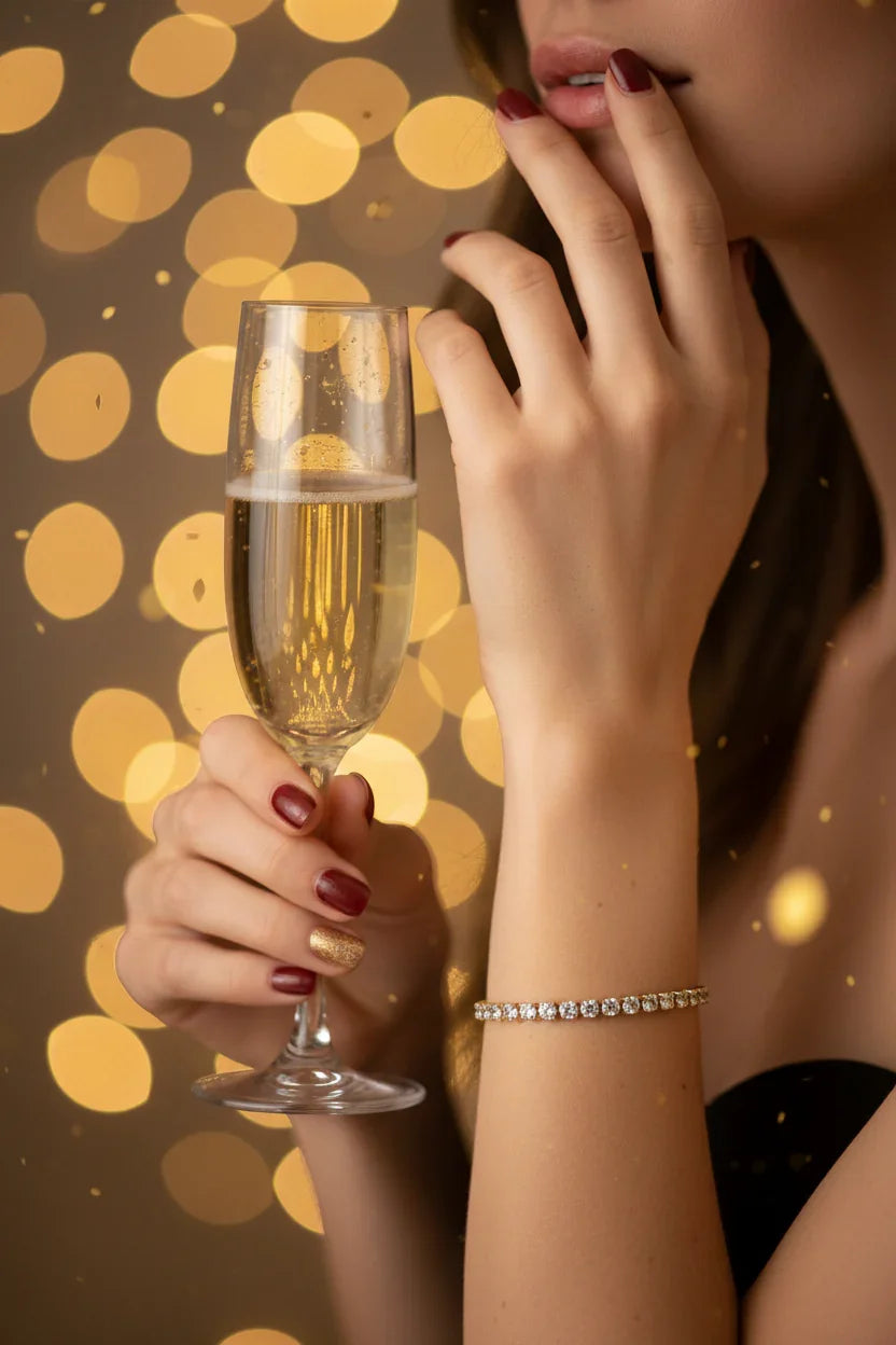 Woman wearing a sparkling diamond bracelet holding a champagne flute with gold bokeh lights