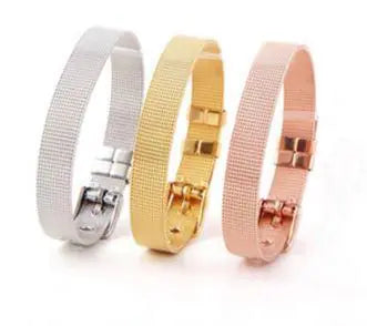 Three textured mesh bracelets in silver, gold, and rose gold from Azure Jewelry's luxury collection