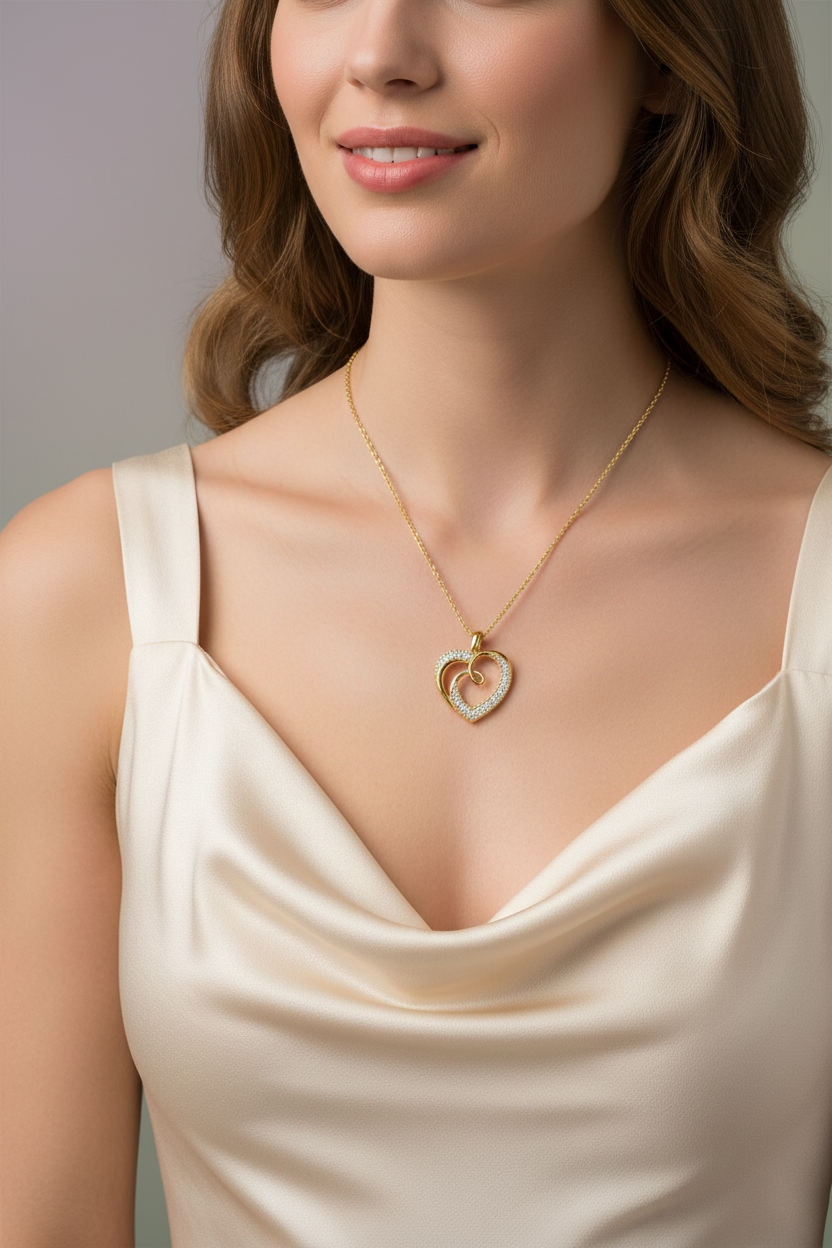 Close-up of woman wearing gold heart-shaped pendant necklace with diamonds on satin cream dress