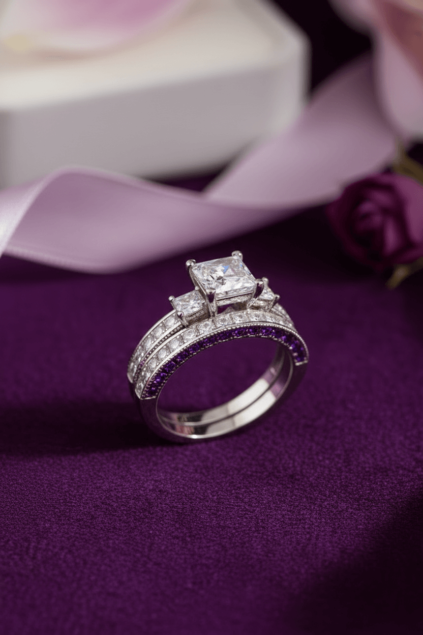 Elegant bridal ring set with square-cut diamond and purple gemstones on purple fabric