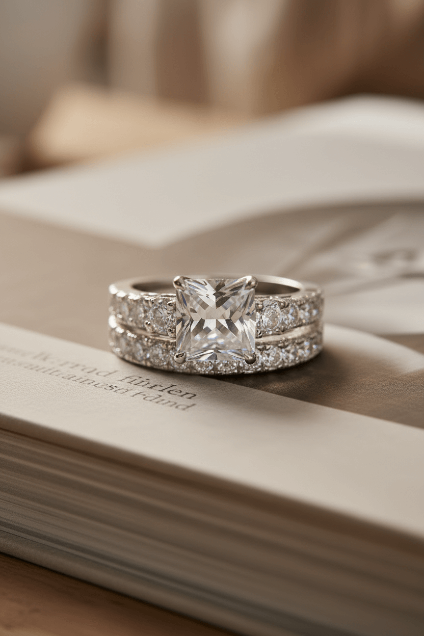 Luxury bridal set with square-cut center diamond and pavé band on open book
