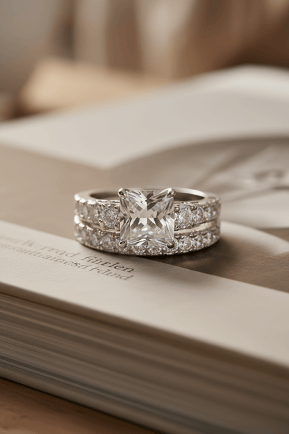 Luxury bridal set with square-cut center diamond and pavé band on open book