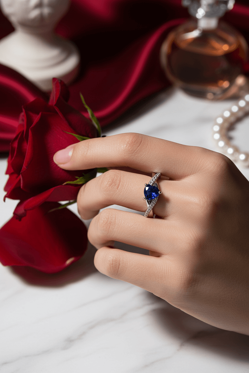Hand with sapphire and diamond engagement ring holding a red rose on marble table with pearls and perfume
