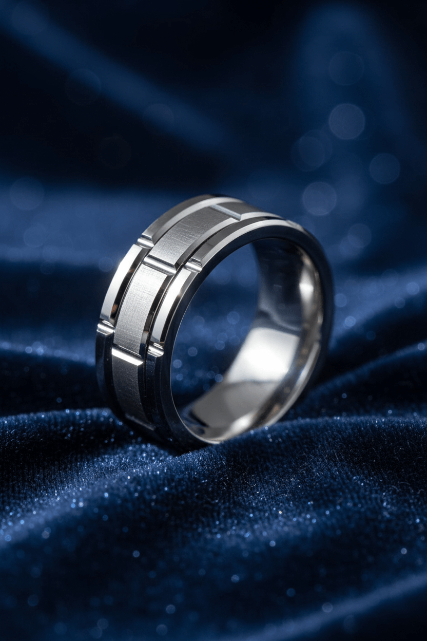 Close-up of a modern silver men's wedding band with geometric design on dark blue velvet
