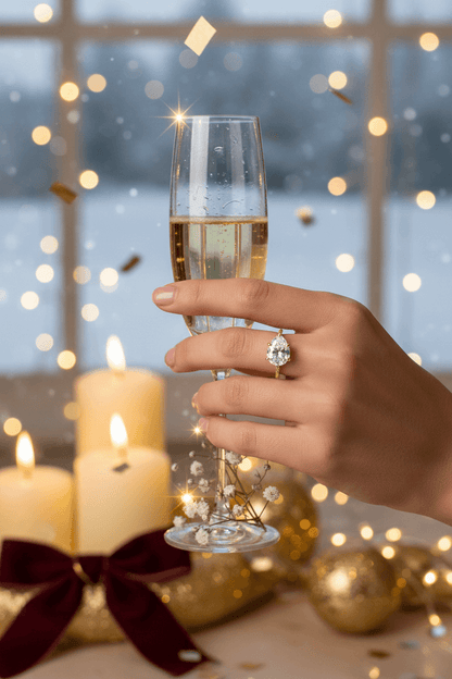 Hand with elegant diamond engagement ring holding champagne glass amidst candles and festive golden decorations