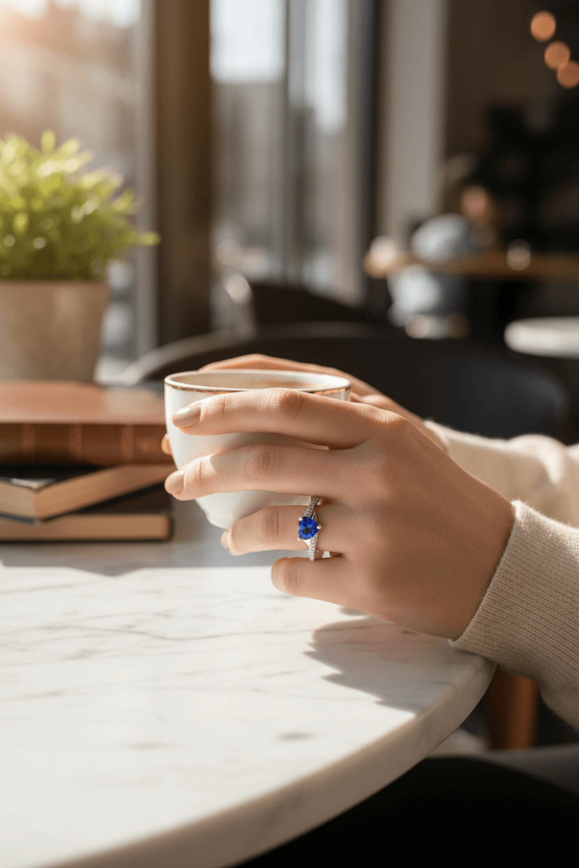 Hand wearing a silver ring with a large blue gemstone and small diamonds, holding a white coffee cup at a marble table in a sunlit cozy café
