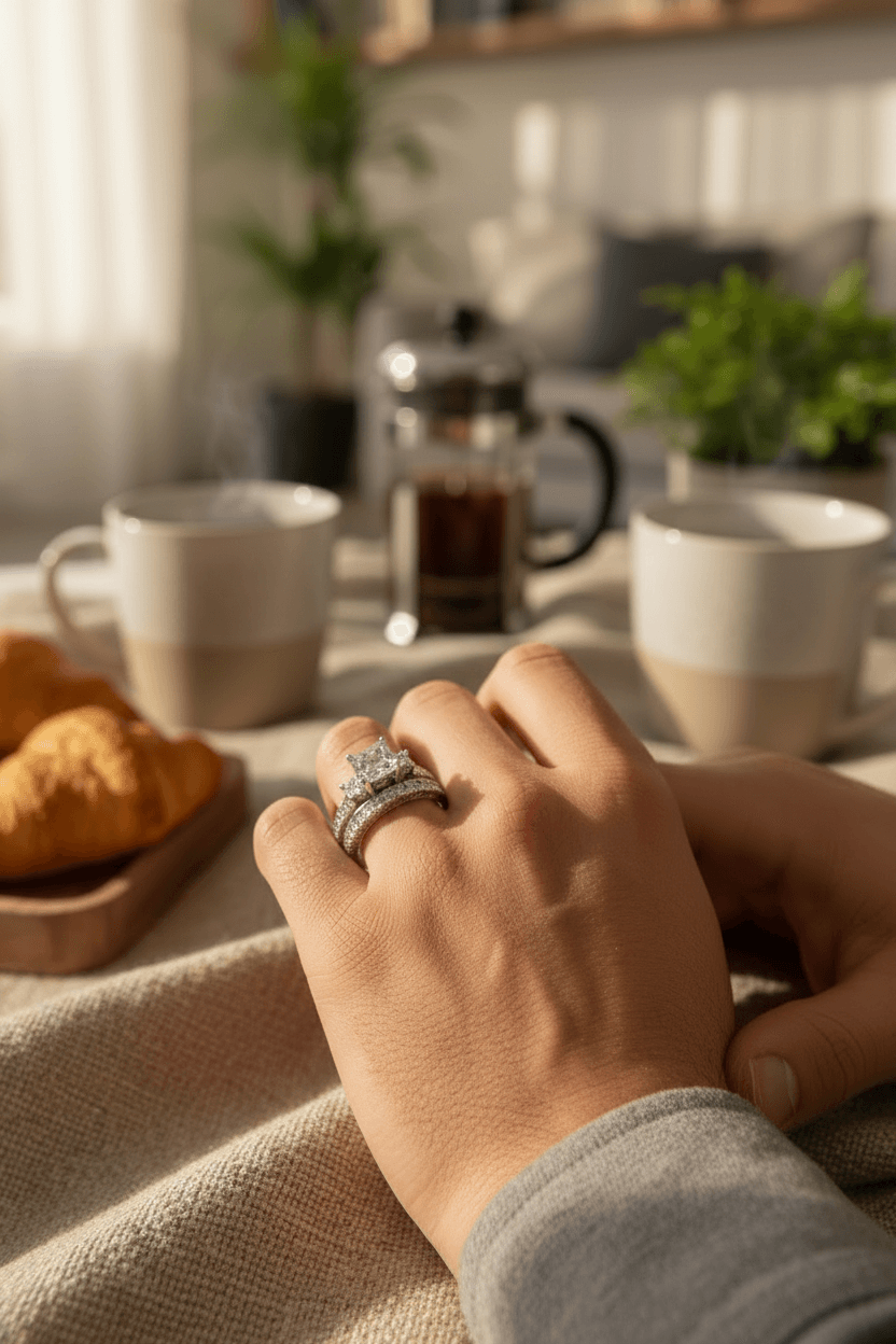 Hand with sparkling diamond engagement and wedding rings, cozy breakfast setting with coffee and croissants