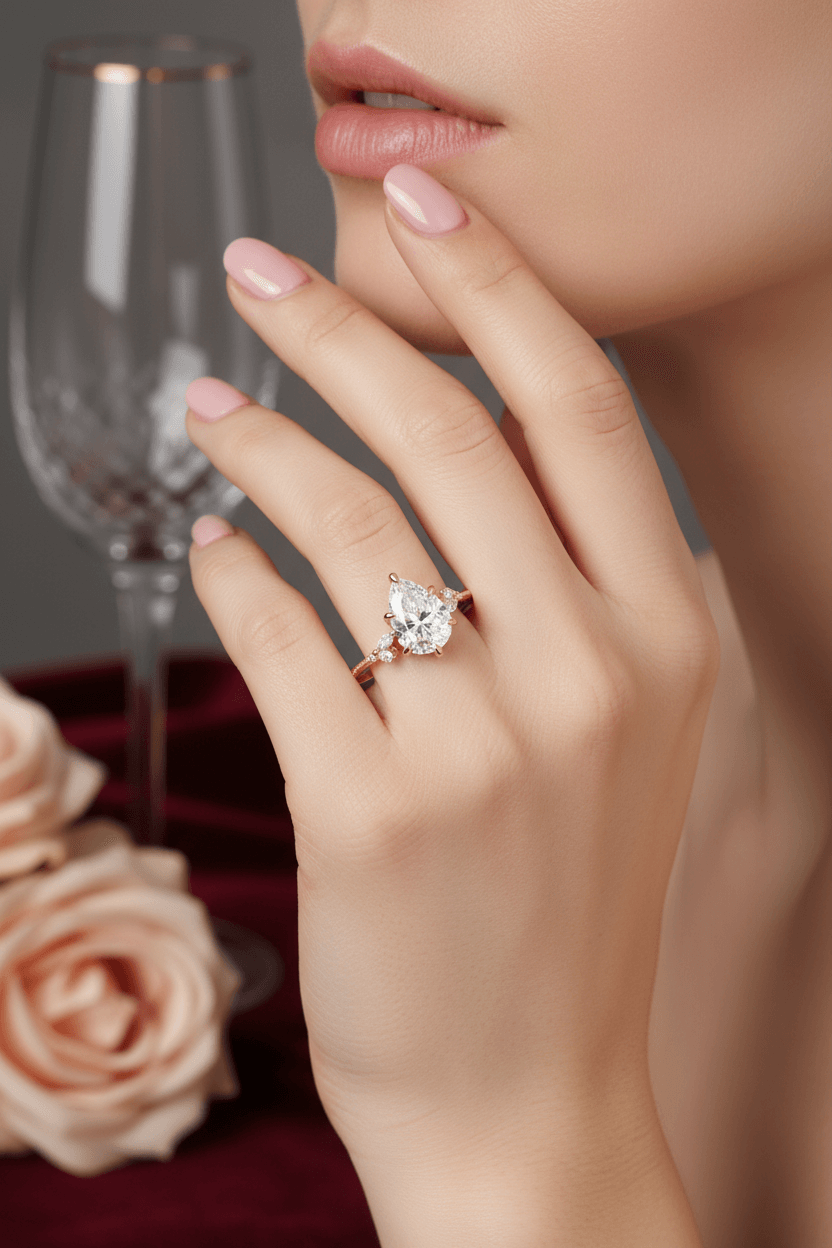 Close-up of a woman's hand with pale pink nail polish wearing a pear-shaped diamond engagement ring, elegant lips, crystal glass and blush roses in background