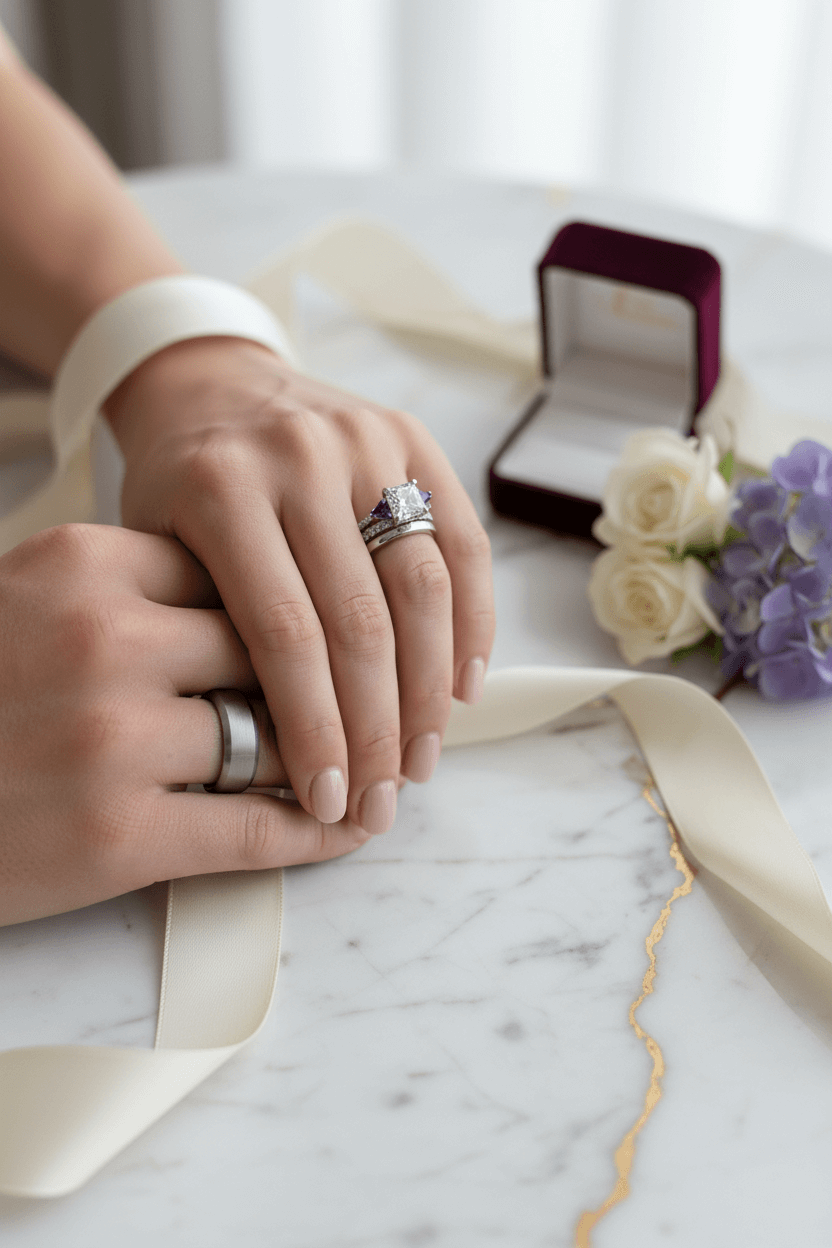 Close-up of couple holding hands with wedding rings, bridal flowers, and open ring box on marble table