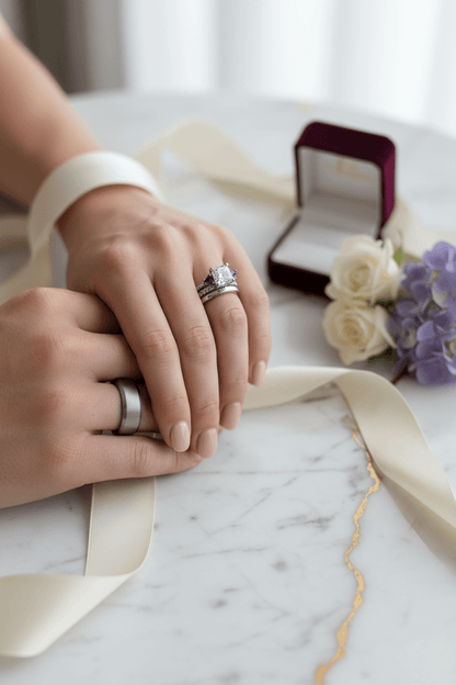 Close-up of couple holding hands with wedding rings, bridal flowers, and open ring box on marble table
