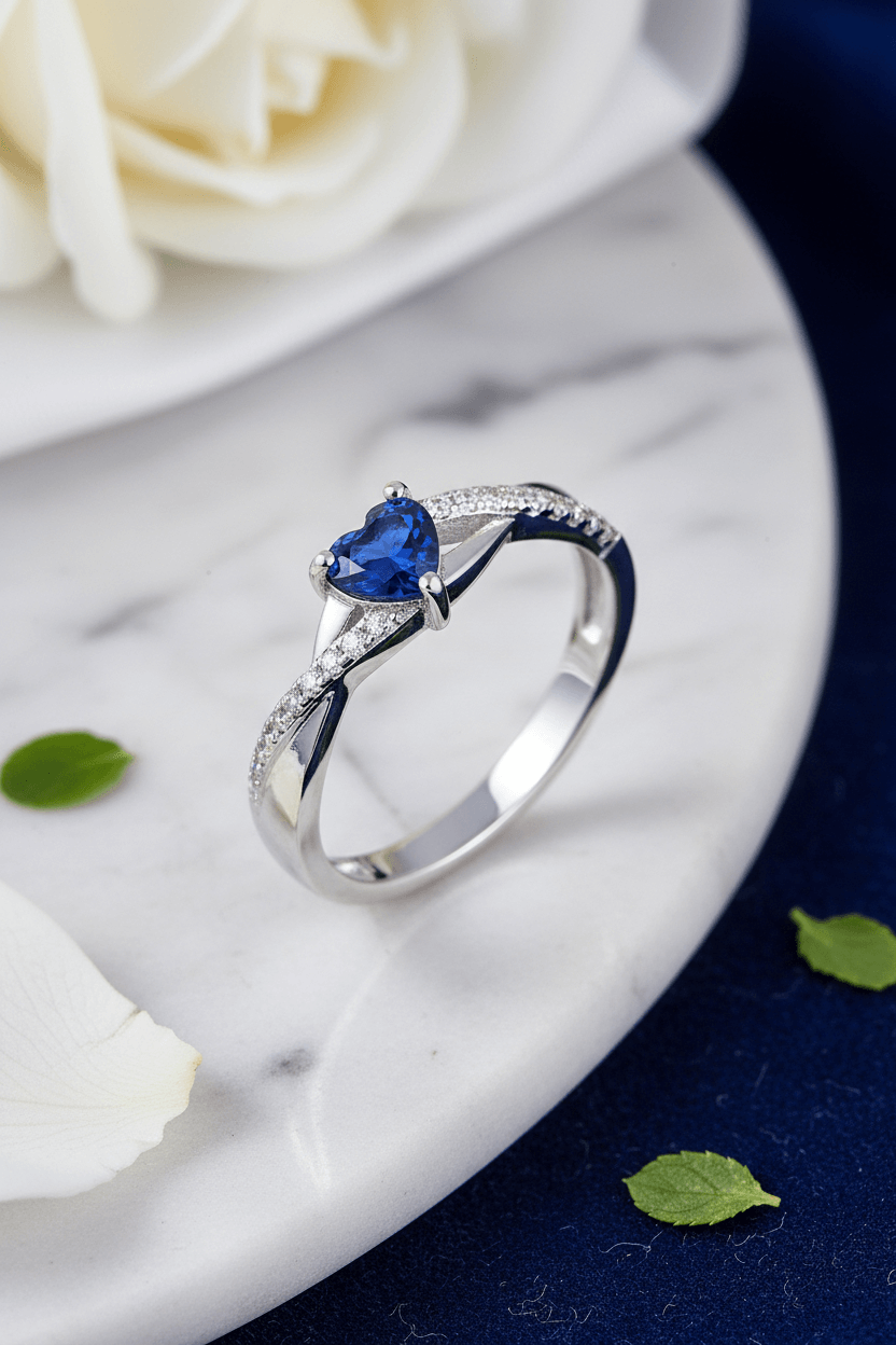 Silver ring with heart-shaped blue sapphire and small diamonds on marble plate with white rose petals