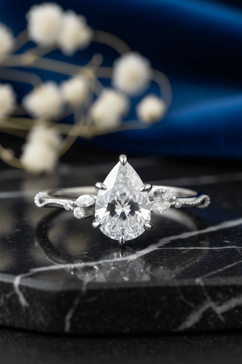 Elegant pear-cut diamond engagement ring with delicate side stones on black marble surface