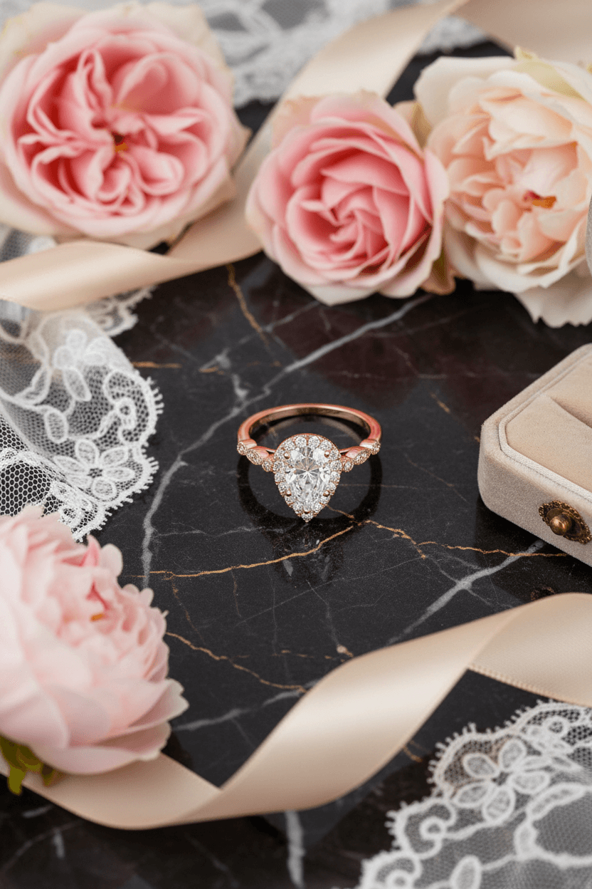 Elegant pear-shaped diamond engagement ring with rose gold band surrounded by pink roses and lace on black marble