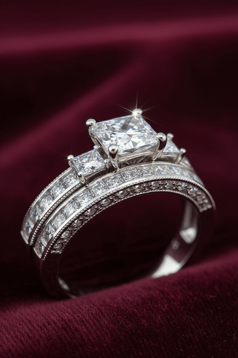 Elegant silver bridal ring with a large square diamond and smaller diamonds on a burgundy velvet background