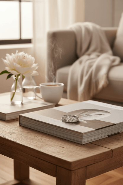 Diamond engagement ring with star design on a coffee table book in a cozy living room setting