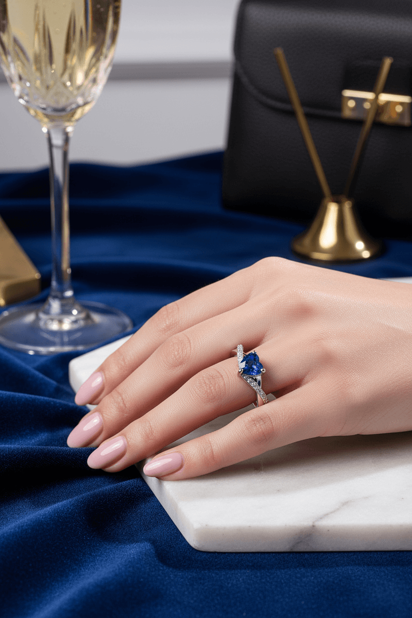 Elegant hand with pink nails wearing a heart-shaped blue sapphire ring on white marble, blue velvet background
