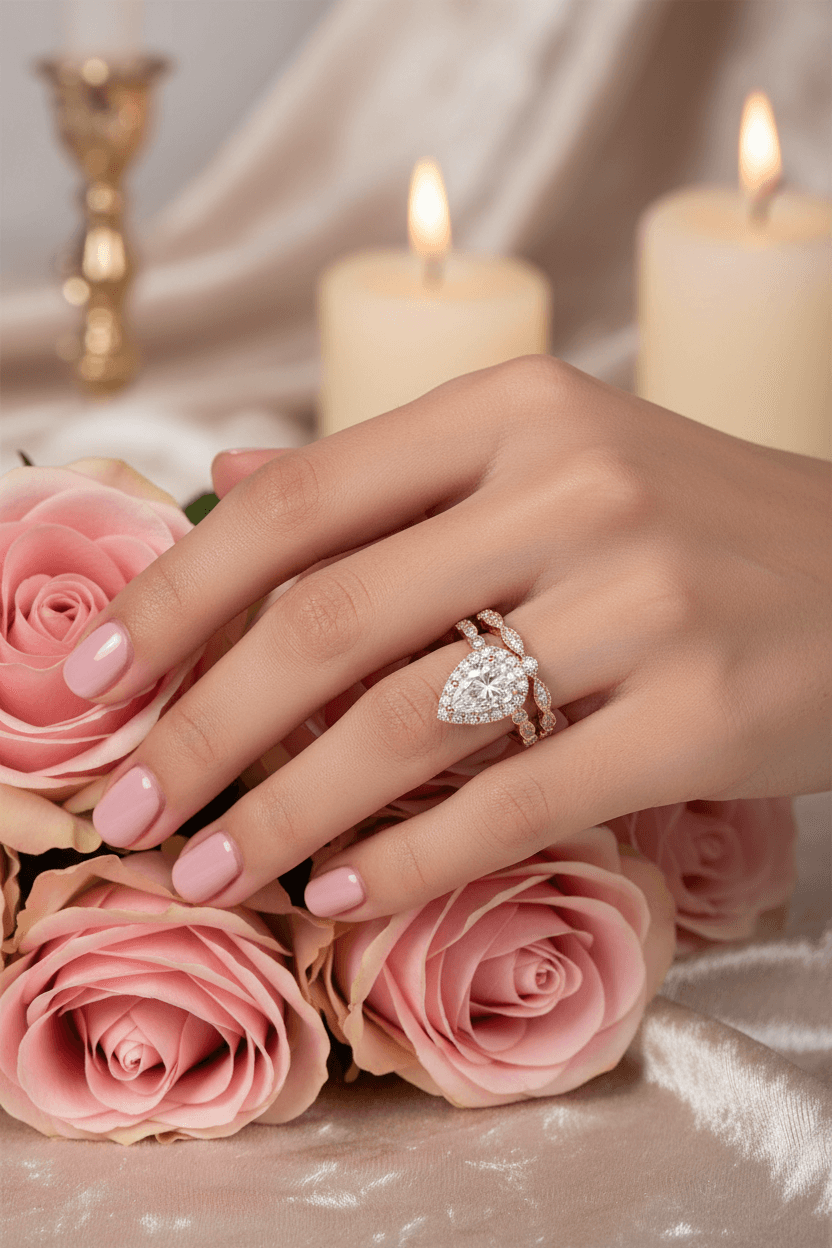 Close-up of hand with pear-shaped diamond engagement ring and wedding band on pink roses with candles
