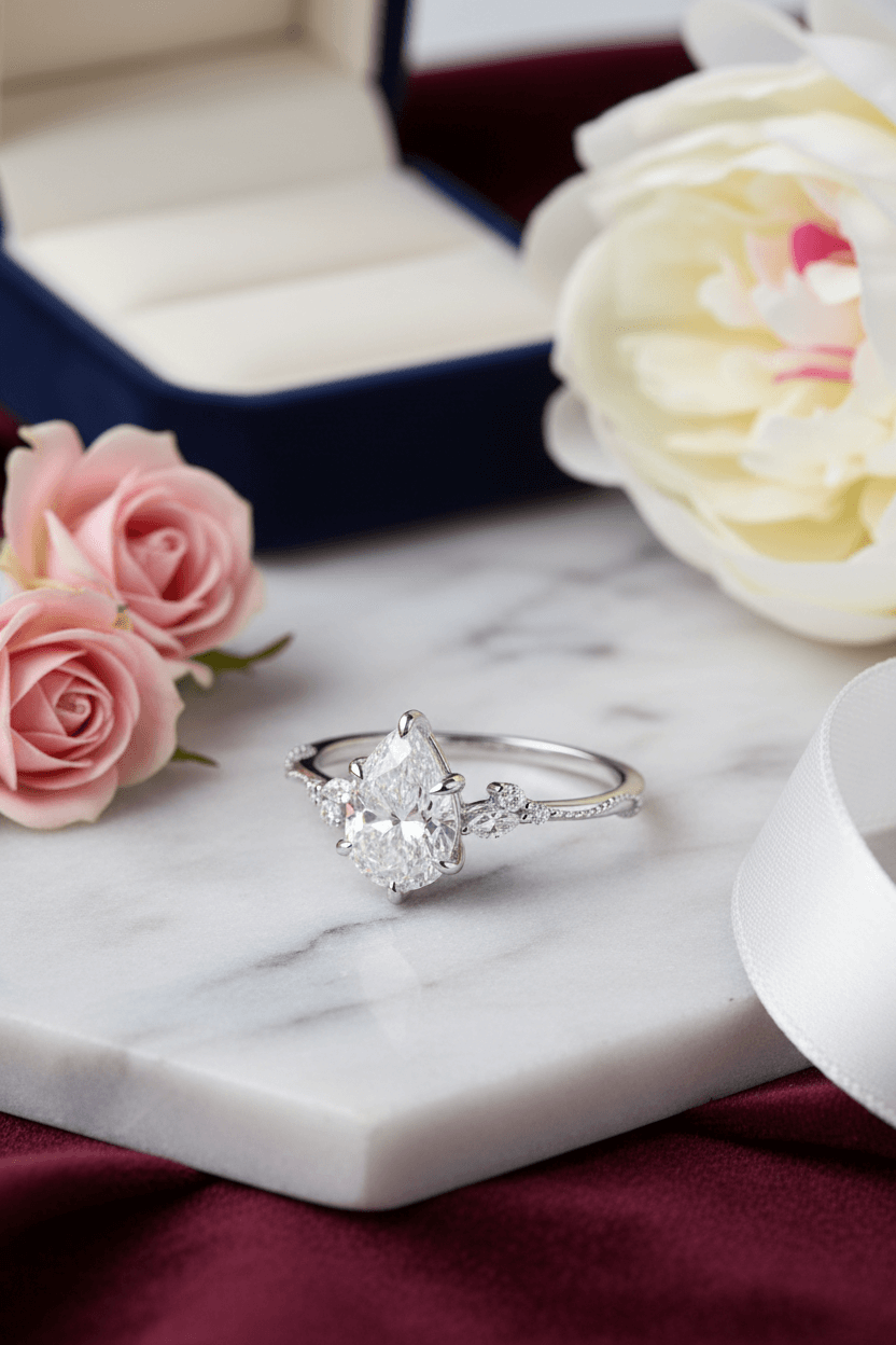 Elegant pear-shaped diamond engagement ring on marble with pink roses and white flower