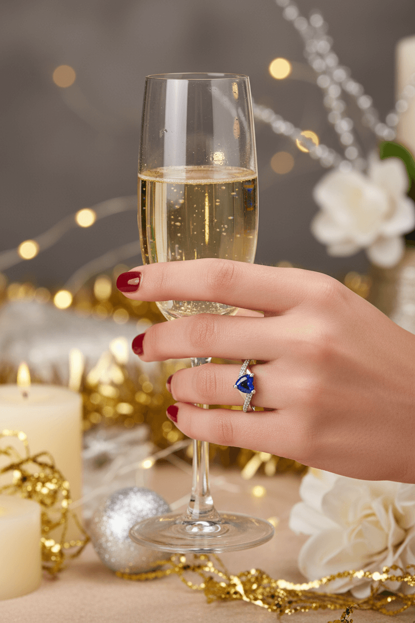 Hand with red nail polish wearing a sapphire and diamond ring holding a champagne flute at elegant festive setting