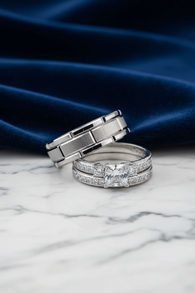 Luxury bridal diamond engagement ring with matching wedding band and men's brushed metal ring on marble with blue fabric