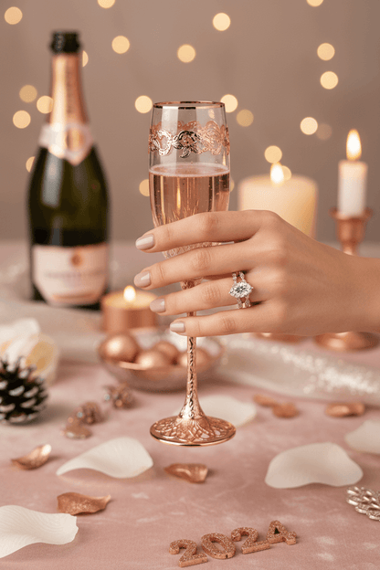 Hand with a sparkling diamond ring holding an ornate rose gold champagne flute, festive 2024 celebration