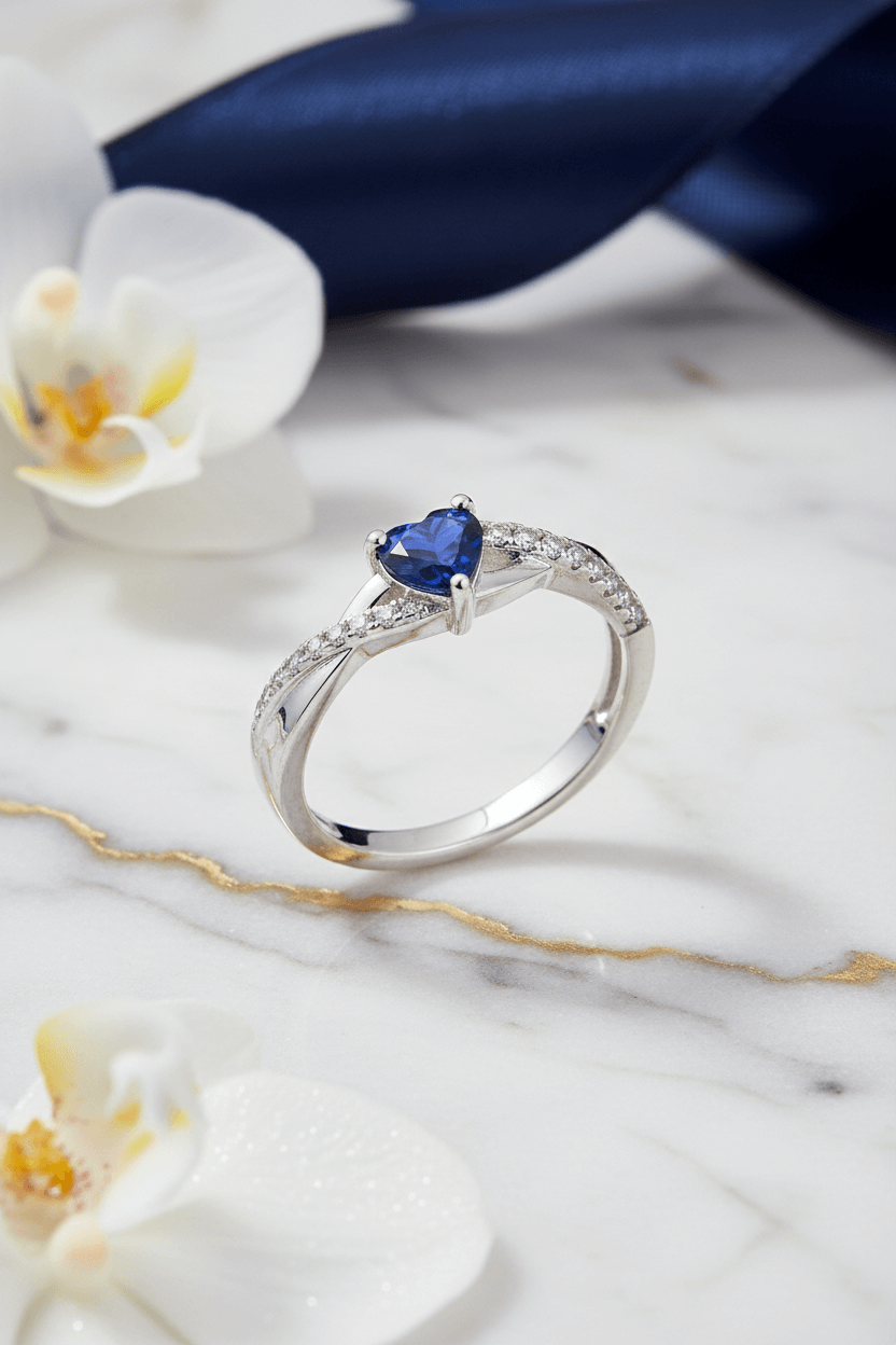 Elegant silver ring with heart-shaped blue sapphire and small diamonds on marble with white flowers