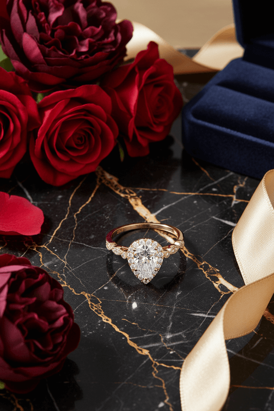 Elegant pear-shaped diamond engagement ring with gold band surrounded by red roses and gold satin ribbon on black marble
