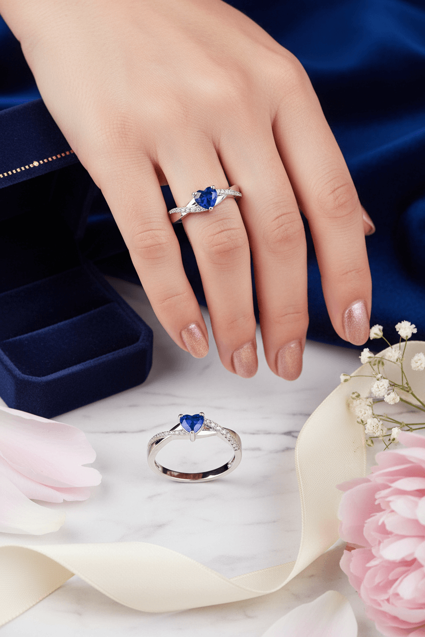 Hand wearing a silver ring with a heart-shaped blue sapphire and diamonds, next to another identical ring on marble surface with flowers and navy velvet box