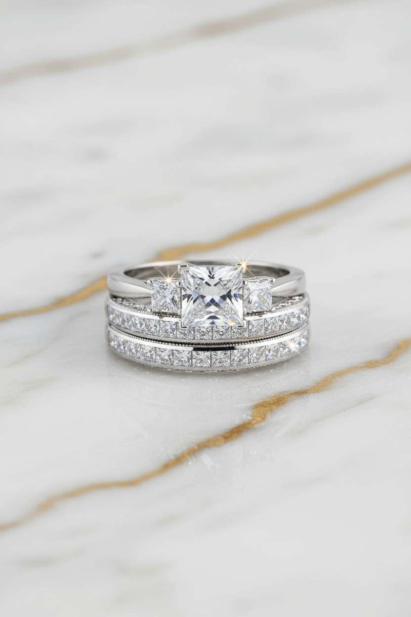 Elegant bridal diamond rings with square princess-cut center stone and pavé accents on marble surface
