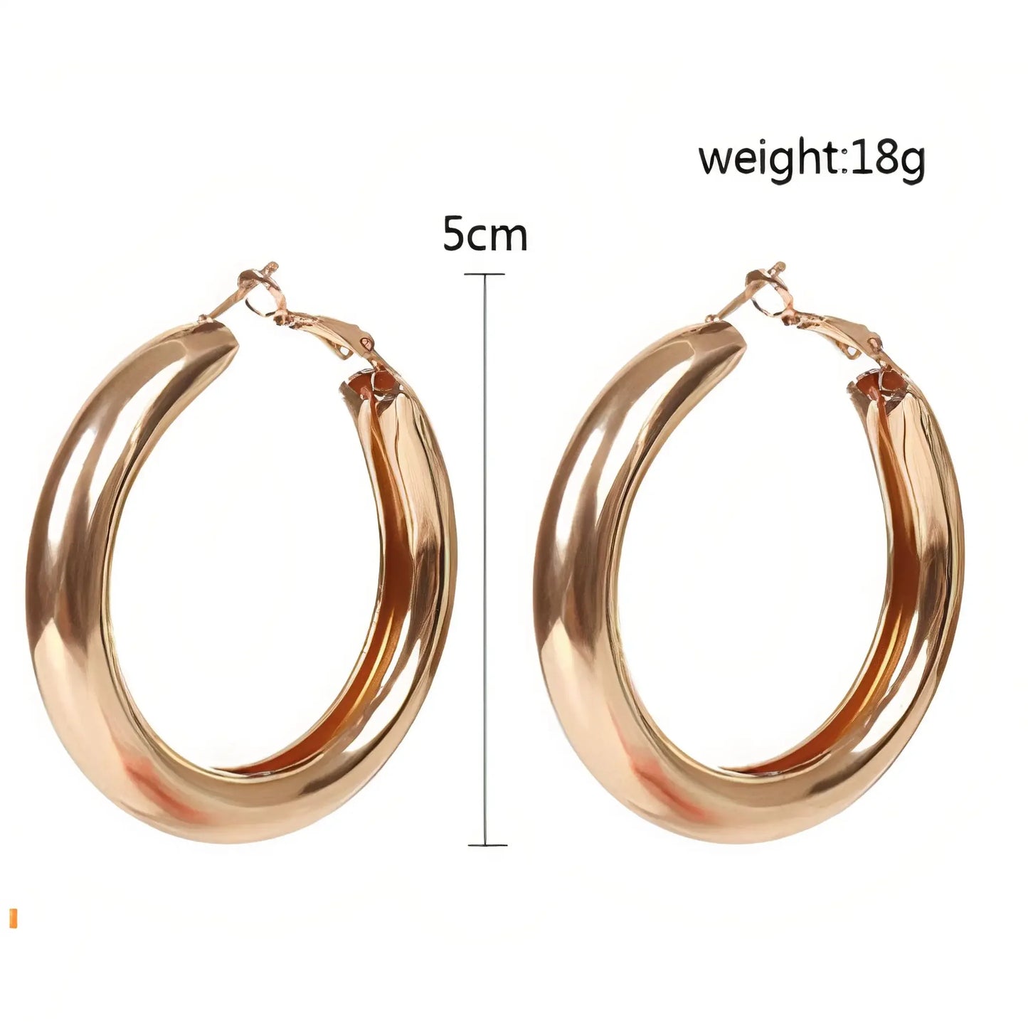5cm rose gold hoop earrings with a smooth polished finish, weighing 18g each