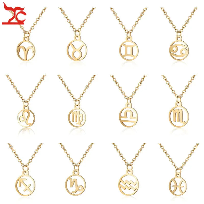 Twelve gold zodiac symbol necklaces representing Aries to Pisces, displayed on white background