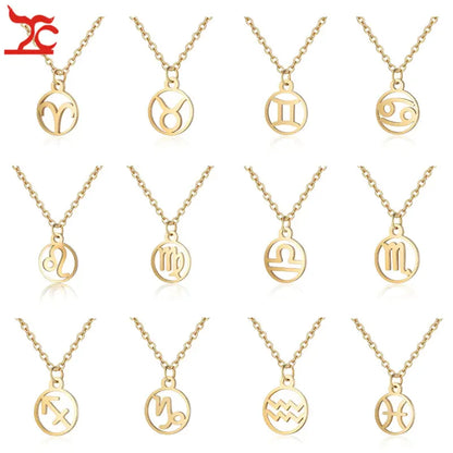 Twelve gold zodiac symbol necklaces representing Aries to Pisces, displayed on white background