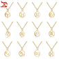 Twelve gold zodiac symbol necklaces representing Aries to Pisces, displayed on white background