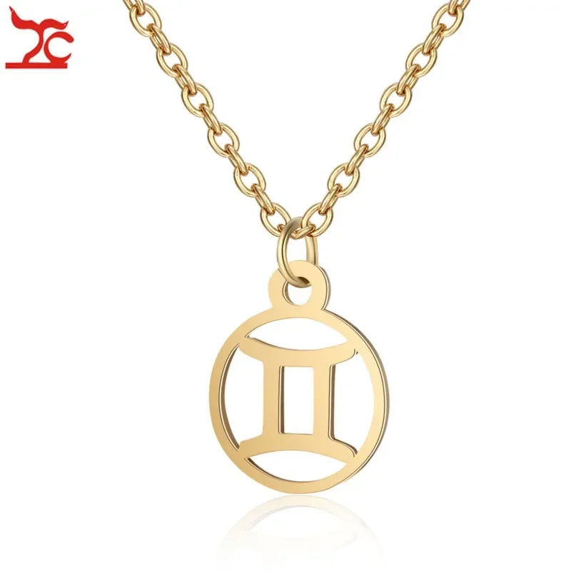 Gold zodiac Gemini pendant necklace with polished round chain, elegant fine jewelry from Azure Jewelry