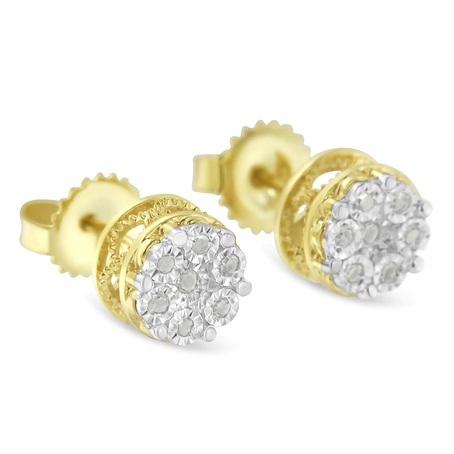 Elegant gold stud earrings with cluster of sparkling white diamonds, fine jewelry
