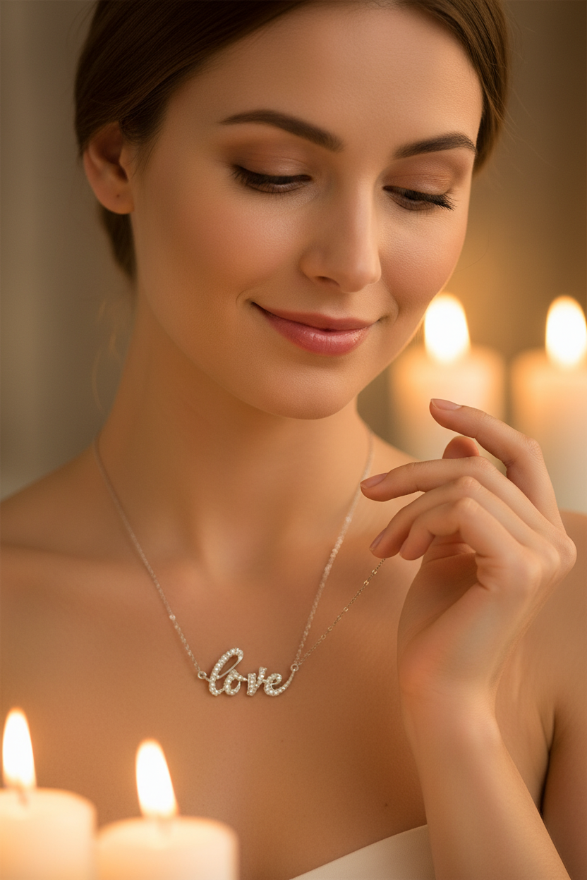 Close-up of a woman wearing a sparkling love pendant necklace, surrounded by glowing candles