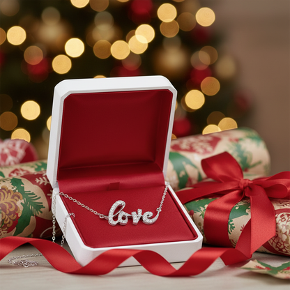 Silver love pendant necklace in red velvet jewelry box surrounded by Christmas gift wrap and red ribbons