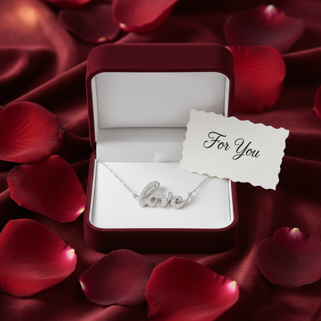 Love pendant necklace in a velvet gift box with red rose petals and a 'For You' card
